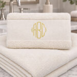 Elfenbensfarget håndkle med monogram på badet
