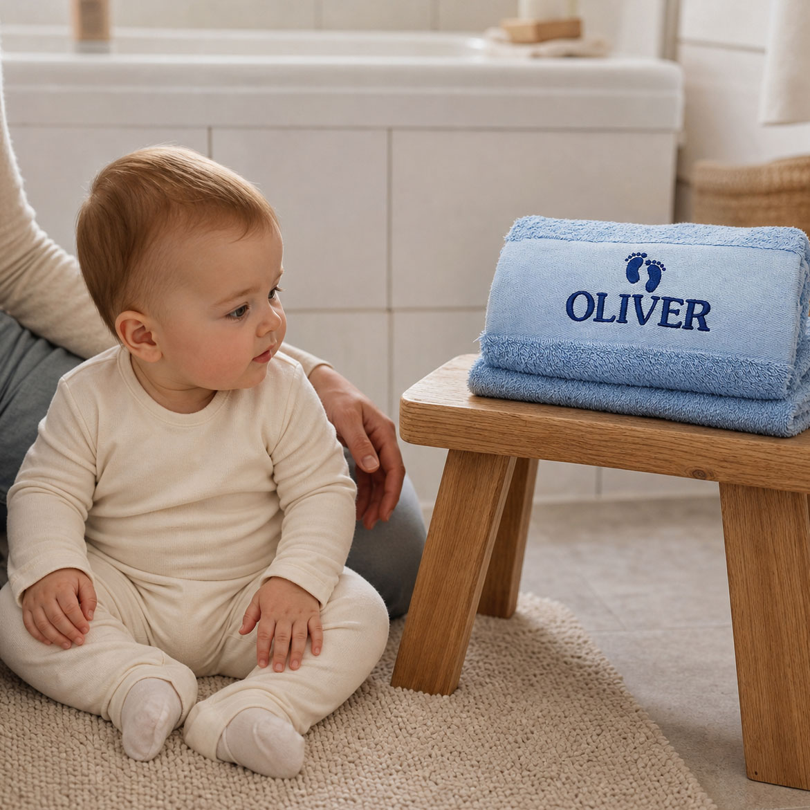 Babyblått håndkle med navn