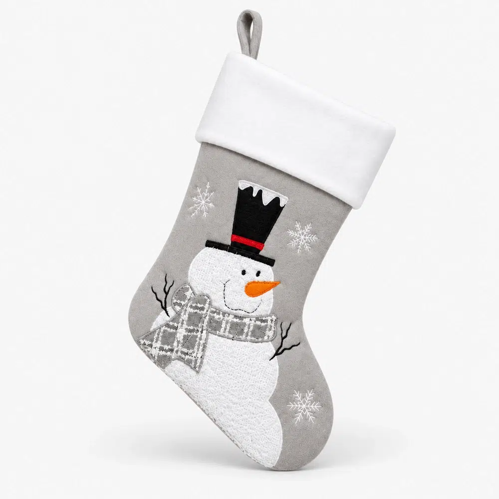 Grey personalized Christmas stocking with snowman Grå julestrømpe med navn og snømann