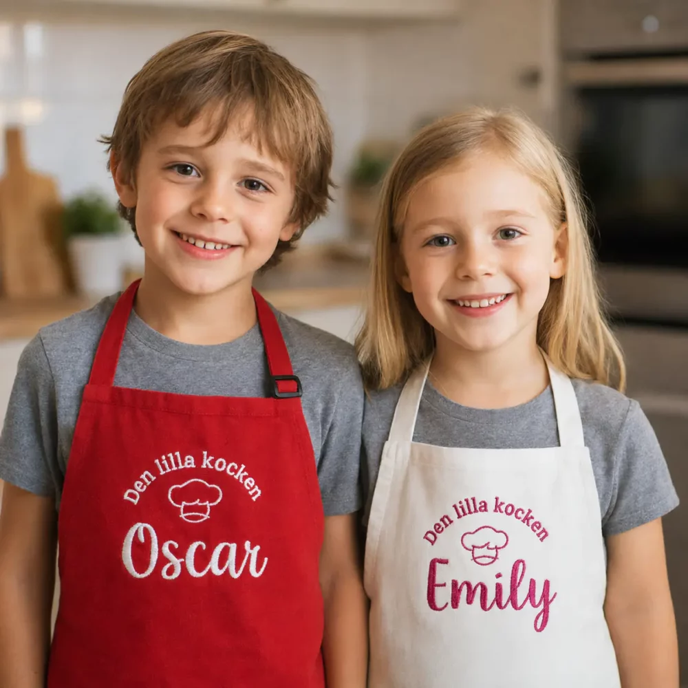 To barn med forklær med brodert navn