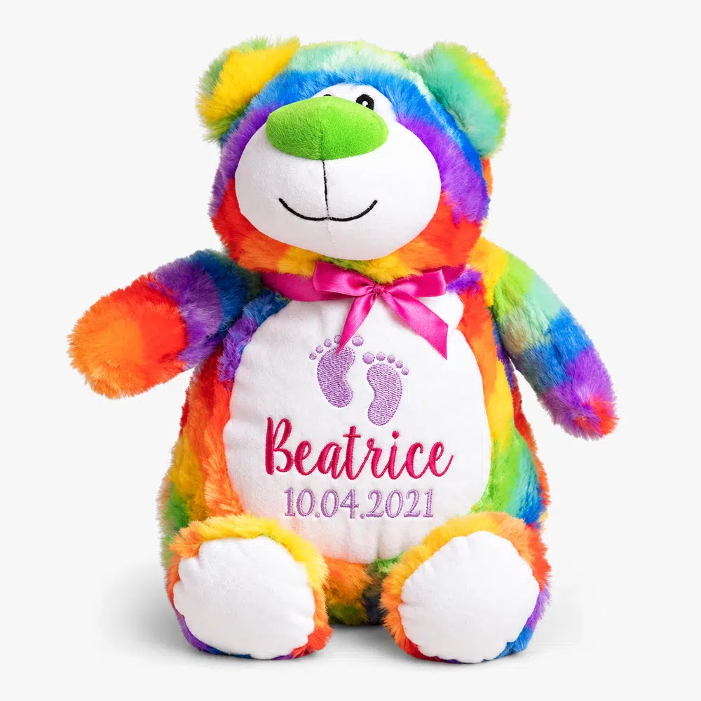 Regnbue-teddybjørn med brodert navn