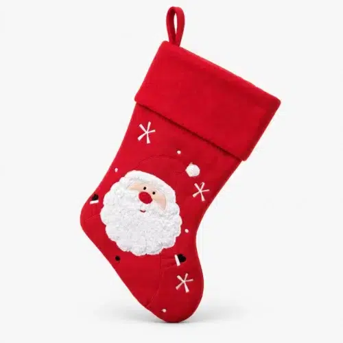 Ensfarget rød julestrømpe med julenisse