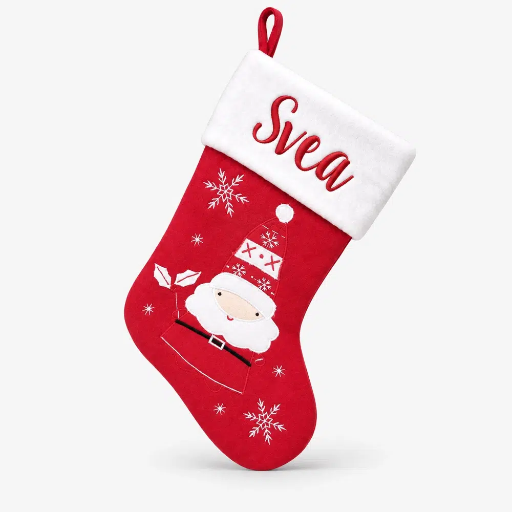 julstrumpa-med-namn-tomte-och-snoflingor-45-cm Julestrømpe med navn, julenisse og snøfnugg