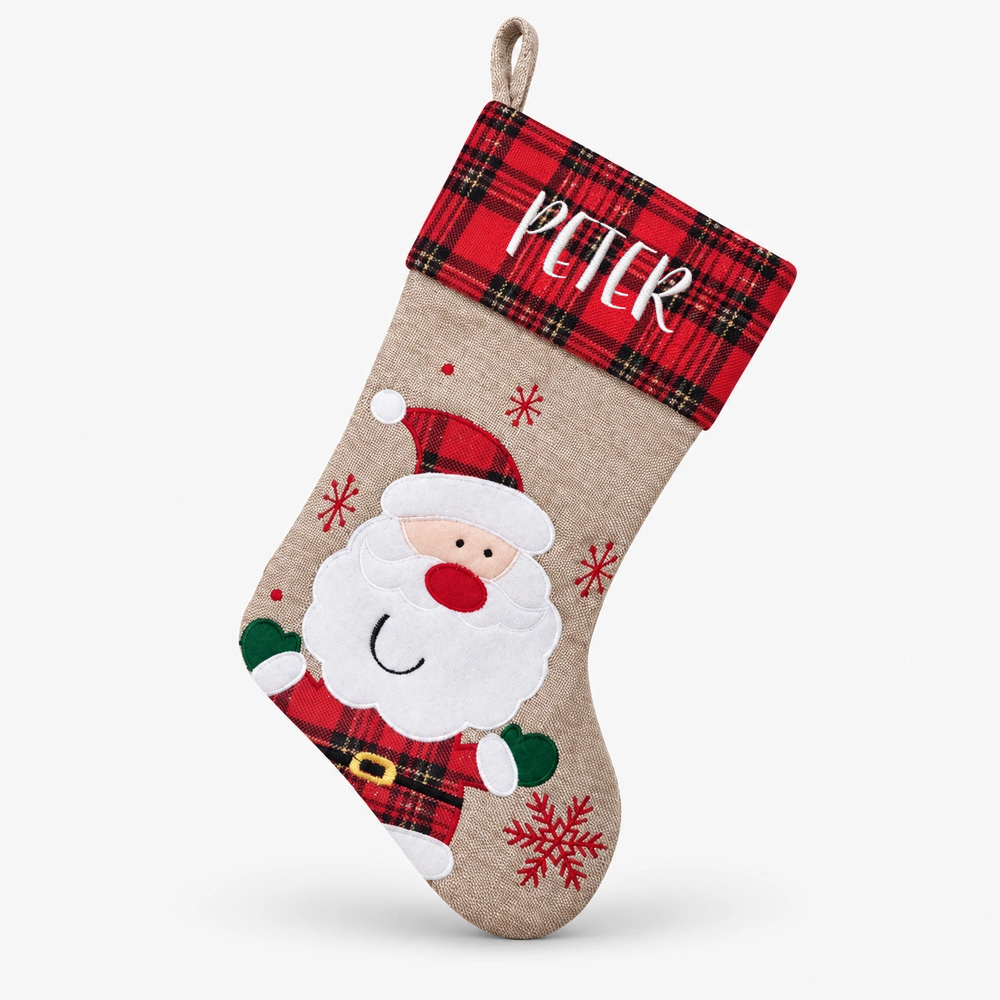 julstrumpa-med-namn-tomte-rutmonster-45-cm Rutete julestrømpe med navn og julenisse