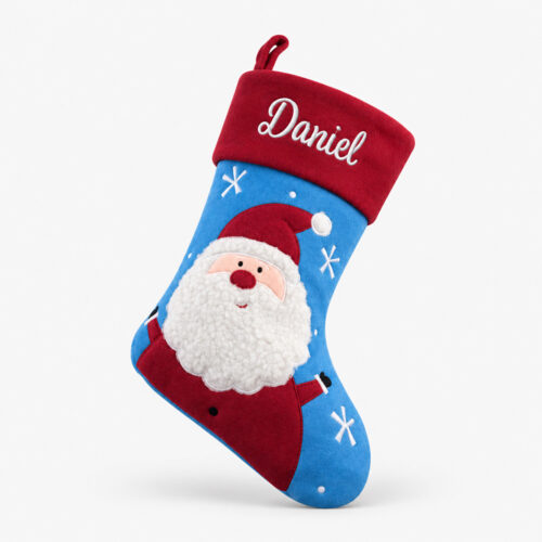 Blå julestrømpe med navn og julenisse