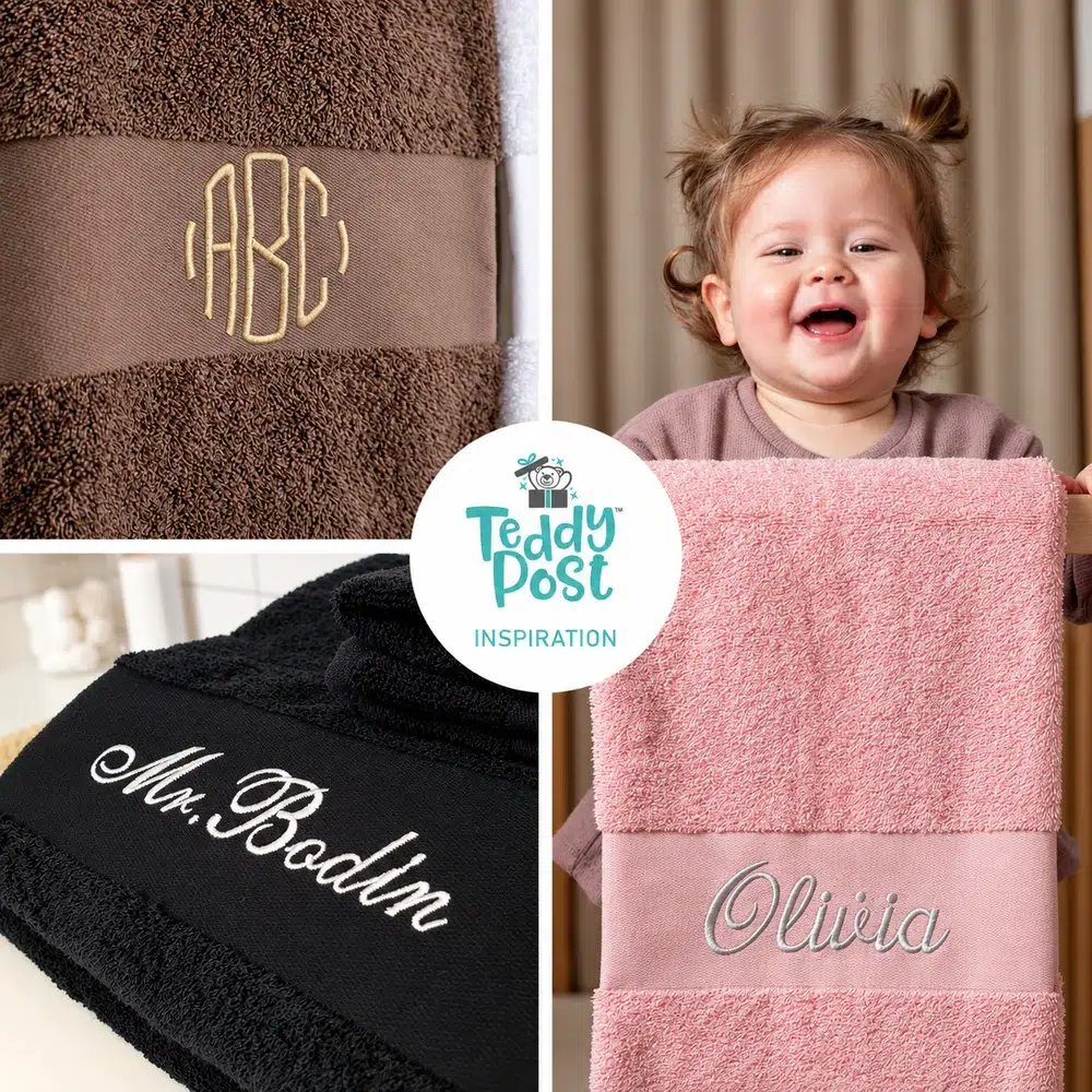 Håndklær med brodert navn og monogram i koksgrått, hvitt, svart og blått
